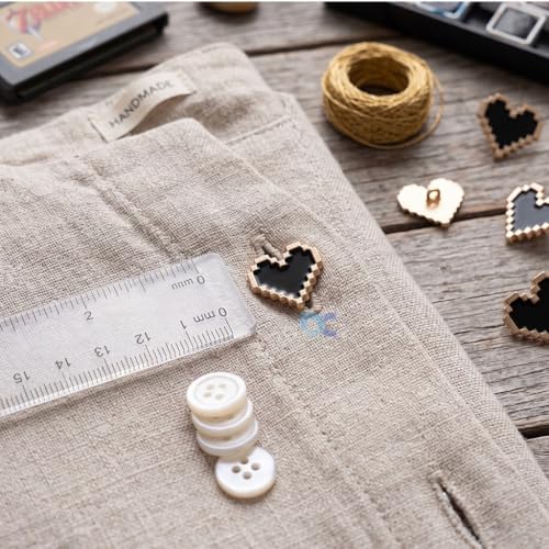 Image of Pack of 6 Heart Shaped Stylish Buttons Diameter 16 mm,(26 L) Black Color with Golden Edges for Sewing On Shirts Blazers for Women and Art and Craft