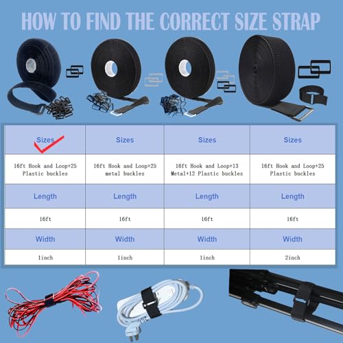 Image of 1 inch x 16ft Nylon Hook and Loop Straps with 25 Plastic Buckles。Reusable Adjustable Strips Freely Cut-to-Length Straps for Organizer or Storage Straps （Black）