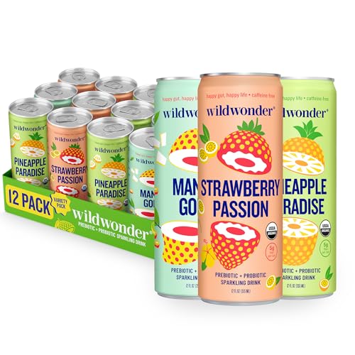 wildwonder Sparkling Probiotic Drink 12pk, For Gut Health & Immune Support, Tropical Vibes Variety, 5g Prebiotic Fiber, Live Probiotics, Organic, Vegan, Low Sugar, 12Pack, 12oz Can, Seen on Shark Tank