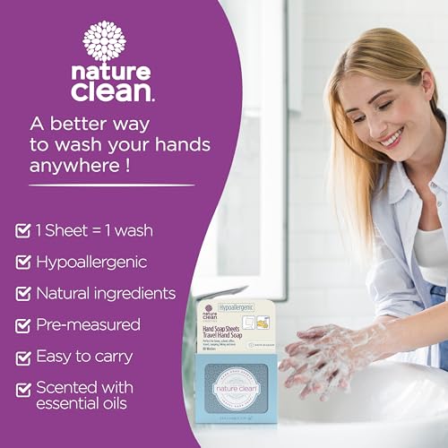 Image of Nature Clean travel hand soap sheets for traveling - non-toxic, hypoallergenic, mini biodegradable paper soap sheets for travel, dissolvable portable soap for camping essentials refill - 80 units
