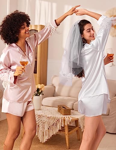 Ekouaer Womens Feather Trim Long Sleeve Button Down Silk Satin Pajama Set, 1 Champagne, 3X-Large #TOP4