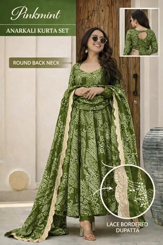 Image of Pinkmint Women's Bandhani Print Flared Anarkali Muslin Regular Fit Kurta Set with Pant & Stylish Dupatta Ethnic Long Sleeve Dress Suit Set