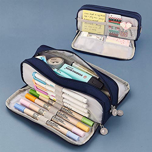 Trousse à Crayons Grande Capacité, Trousse à Crayons 3 Compartiments, Trousse de Rangement pour Stylos, Trousse de Bureau Portable, Trousse à Cosmétiques Avec 3 Fermetures Éclair, 21x5x9cm (bleu) Cover