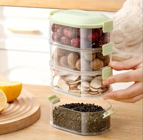 Image of Stackable 4-Layer Transparent Spice Storage Container - Multipurpose Airtight Organizer Box for Kitchen Herbs, Masala, Dry Fruits, Seeds, Space-Saving Plastic Jars with Locking Lids (1 Pack)