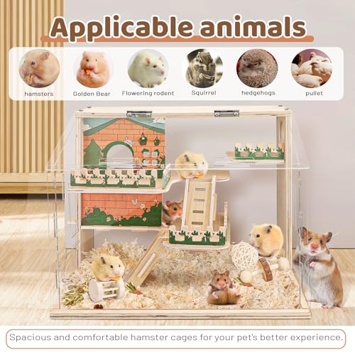 Holz Zwerghamster Lebensraum Groß Acryl Hamster Käfig Geräumiger Zwerg Rennmaus Käfig Premium Zwerghamster Lebensraum mit Ventilator (40x30x30cm)