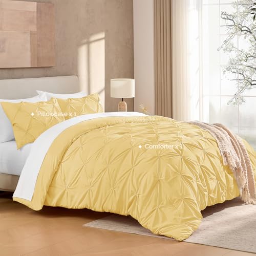 Image of Andency Twin Pinch Pleat Comforter Set (66 inchx90 inch),3 Piece Lightweight Pintuck Bedding Comforters & Sets, Fluffy Down Alternative Comforter with 2 Pillow Shams for All Season,Yellow