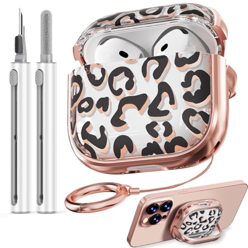 Image of Inesore for AirPods 4 Case Cover 2024 with Lock-Black+Brown Leopard | Two-Piece Design,with Gold Keychain & Cleaning Pen,Support Wireless Charging,Cute Luxury Case for Women Girly