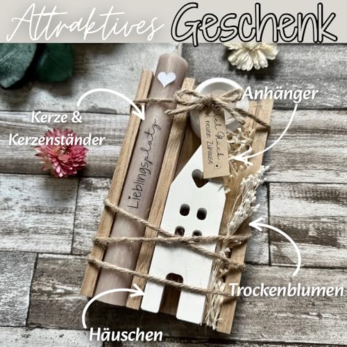 Dinala - Einweihungsgeschenk Haus/Wohnung - Holzbox mit Kerze - wunderschön verziert - Einzugsgeschenke Haus/Wohnung - Tolles Geschenk zur Hauseinweihung - mit Trockenblumen - liebevoll und persönlich
