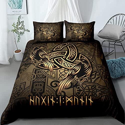 TAKOLI Viking Crow Print Duvet Cover Set Double Size 200x200cm, 3d Vikings Celtic Knot Bedding Set 3 Piece Soft Microfiber Quilt Cover with Zip and 2 Pillowcases