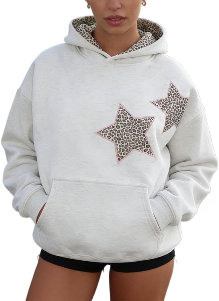 heyheyshine Star Graphic Hoodies Oversized Y2k Leopard Print Hooded Sweatshirt Cheetah Hoodie Streetwear Unisex Pullover Tops