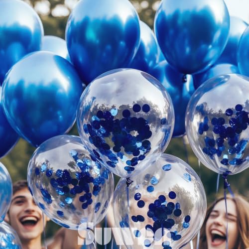 Image of SUWEN Metallic Blue and Confetti Balloons Set 47PCS Royal Blue