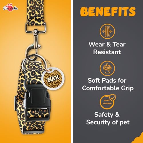 Image of Pawsindia Leash and Collar with Name Tag for Dogs, Cheetah Print with 1.5 Inches Width Adjustable Collar and 4 Feet Heavy Duty Leash with Customize Nametag