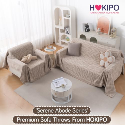 Image of HOKIPO Printed 320 GSM Chenille Sofa Cover Throw Blanket for 1 Seater Sofa - All Season, 'Serene Abode Series' Beige Geo Weave (180x180 cm) (AR-6631-D7)