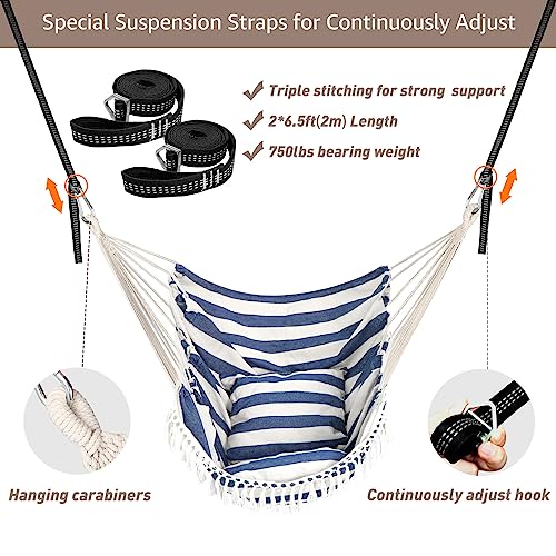 Chihee Hammock Chair Hanging Swing 2 Pillows Included,Strong Webbing Straps And Hooks For Easy Hanging Soft Cotton Hanging Chair Side Pocket Tassel Chair Comfort Indoor Outdoor Blue White #TOP4