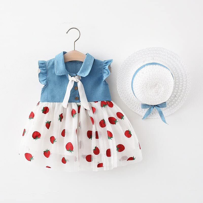 Image of Bold N Elegant Cap Sleeve Denim Embroidered Midi Party Dress Frock with Hat Dress for Infant Toddler Girl Baby Girl