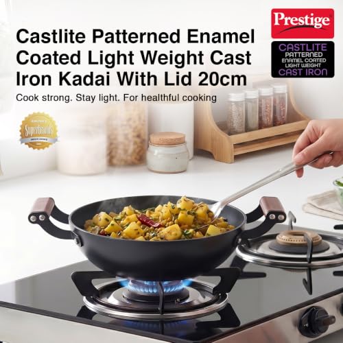 Image of Prestige Castlite Patterned Enamel Coated Cast Iron Kadai 20cm /1.4L | High Heat Retention, Rust-Proof | Gas & Induction Compatible | Low-Oil Cooking | Stay-Cool Handles | Easy Clean | 15Y Warranty