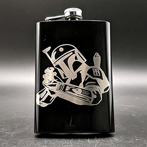BOBA FETT Engraved 8oz Black Hip Flask  Inspired by Starwars & Mandalorian  Great Gift Idea  Personalized