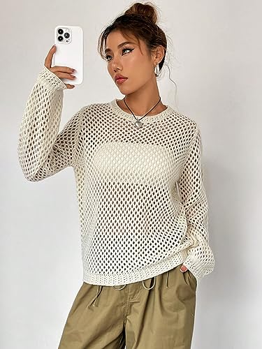 Image of Milumia Women's Hollow Out Sheer Fishnet Crochet Sweater Open Knit Pullover Tops Apricot Small