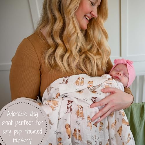 Image of LollyBanks 100% Cotton Baby Blankets 2 Pack, Gentle and Soft Muslin Swaddle Blanket for Girls, Lightweight 47 x 47 Inches Newborn Receiving Blanket, Newborn Essentials Must Haves (Puppies and Tan)