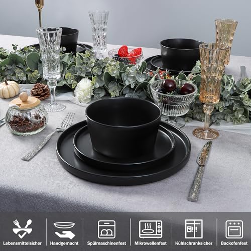 Homikit Geschirrset 6 Personen, 18-tlg Steinzeug Geschirr Set Tafelservice, Essgeschirr mit Speiseteller Dessertteller Müslischüsseln, Mikrowellen- und Spülmaschinenfest, Kratzfest, Mysterium Schwarz