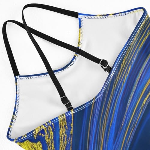 CHIFIGNO Blue Gold Abstract Marble One Piece Swimsuit Girls, Spaghetti Straps, Cross Back Design, Ages 3T4