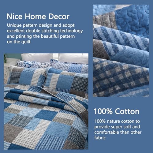 Image of Finlonte Quilt King Size - 100% Cotton King Size Comforter Set Blue Navy Grey Plaid Farmhouse Quilt Bedding Set, Reversible Lightweight Soft Bedspread, Quilted Coverlet All-Season, 3-Piece