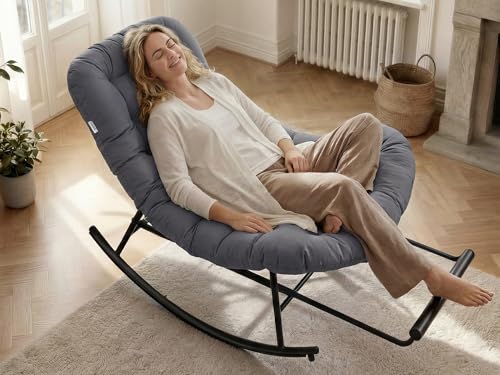 VASAGLE Schaukelstuhl, Schaukelsessel, Relaxsessel, Stahlgestell, ausziehbare Fußstütze, abnehmbares Kissen, bis 136 kg belastbar, Schlaf-, Wohnzimmer, Terrasse, Garten, grau LYY062GZ01
