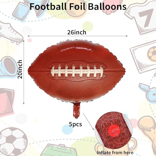 Image of 5 Pieces Large Football Party Balloons, Brown Football Shaped Mylar Foil Balloons Sports Theme Party Decorations for Boys Men Football Fans Tailgate Birthday Party Sport Decorations Supplies