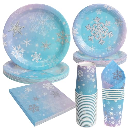 PARTY GO Juego de vajilla desechable de copo de nieve, 96 piezas, platos desechables con servilletas, tazas para Navidad, vacaciones, Año Nuevo, temática de congelación, cumpleaños, baby shower,