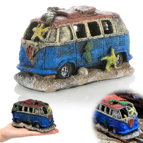 Qanye Décoration pour Aquarium en Résine, Ornement Simulation Épave de Bus, Simulation Voiture Épave, Ornement Aquatique Paysager, Habitat pour Poissons,...