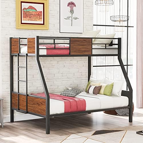 HZSSDTKJ Twin-Over-Full Bunk Bed with Built-in Ladder and Safety Guardrail,Steel Metal Bunk Bed Frame with Headboard and Footboard for Kids Teen Girls Boys Adults Bedroom Furniture(Brown-2)