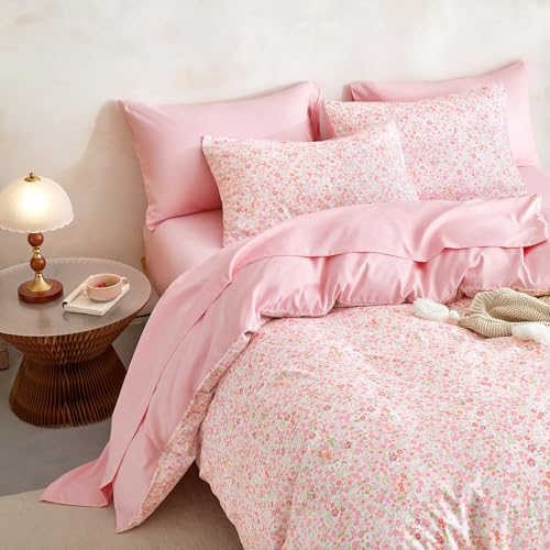 Wake In Cloud - Floral Comforter Set with Sheets Cute Vintage Flower Cottagecore Aesthetic for Women Teen Girls 7 Pieces Bed in a Bag Pink Full Size