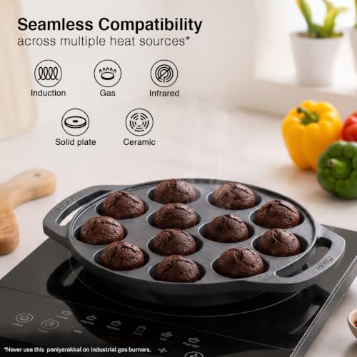 Image of Prestige Neocast Flo Smooth Finish Cast Iron Paniyarakkal /Appe Patra 12 Pits Black|Works On Gas & Induction|Retains Heat for Long|Heavy Gauge