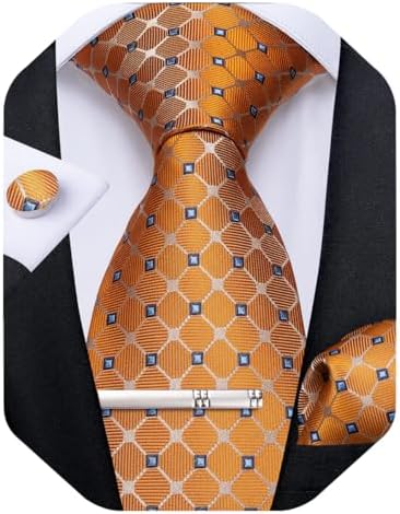 DiBanGu Plaid Ties for Men Silk Checkered Necktie and Pocket Square Cufflinks Tie Clip Set with Gift Box for Wedding Business