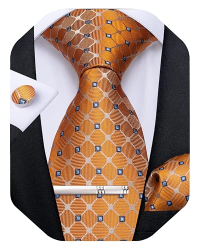 DiBanGu Plaid Ties for Men Silk Checkered Necktie and Pocket Square Cufflinks Tie Clip Set with Gift Box for Wedding Business, Orange