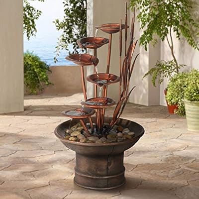 Water Lilies and Cat Tails Modern Outdoor Floor Water Fountain 33" High Tiered Cascading Decor for Garden Patio Backyard Deck Home Lawn Porch House Relaxation Exterior Balcony - John Timberland