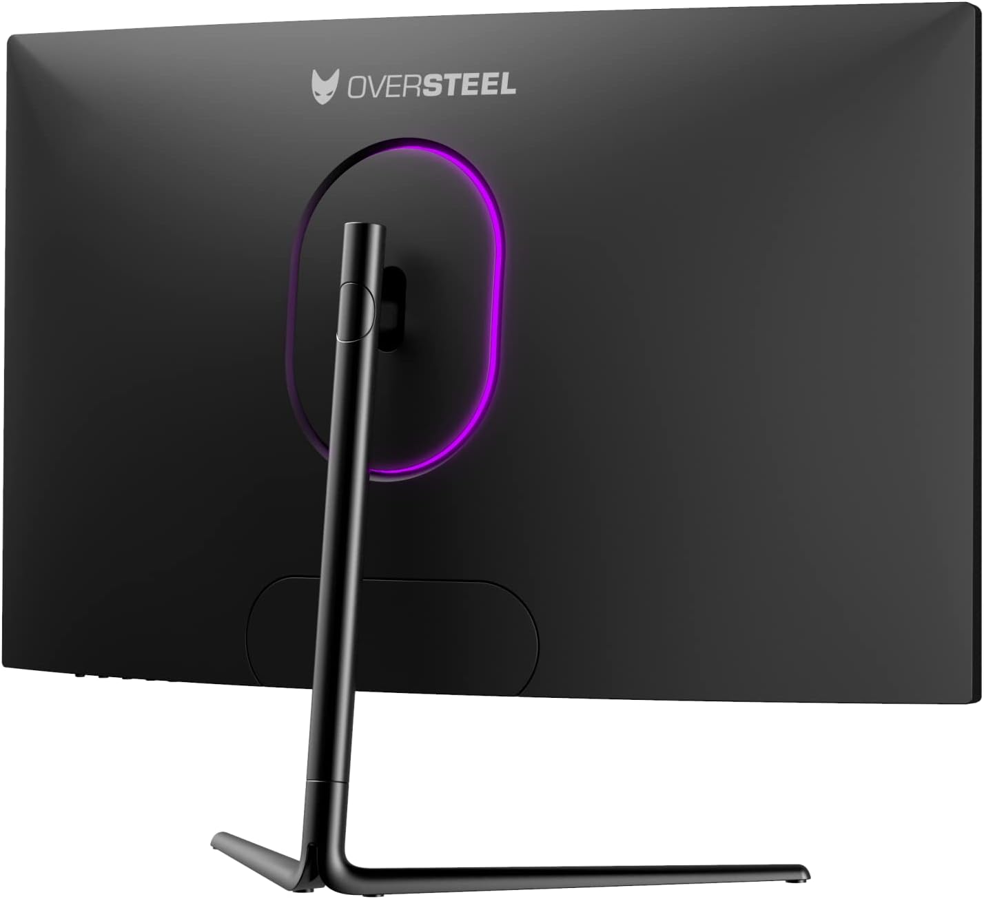 Rear view of the Oversteel KRYPTO monitor with the stand attached, showing the VESA mount area.