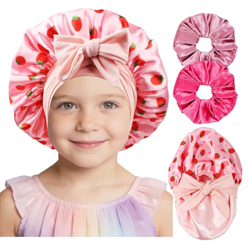 LBYLUS Kids Bonnets for Girls with Scrunchies Double Layer Satin Hair Bonnet for Kids Sleeping (A-Pink Strawberry)