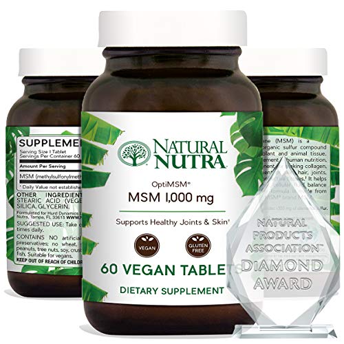 Natural Nutra OptiMSM with Methylsulfonylmethane, Pure MSM Supplement with Sulfur, Prevent Thinning Hair, Smooth Skin Wrinkles, Increase Joint Flexibility and Bone Health, 1000 mg, 60 Vegan Tablets