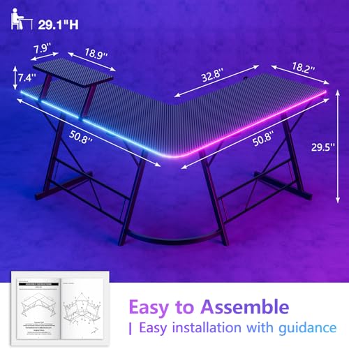 Mr IRONSTONE Gaming Desk with LED Lights, L Shaped Desk Corner with Cup Holder & Headphone Hook, Computer Desk Home Office Desks with Large Monitor Stand, Carbon Fiber Surface, Black 51 Inch - Image 4