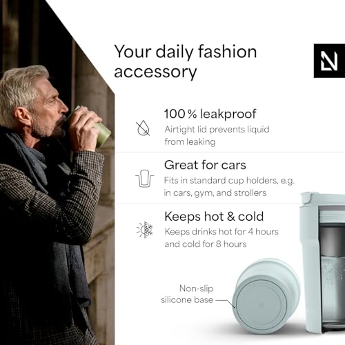 Image of LARS NYSOM Thermo Coffee Mug to go 17oz | Travel Mug 0.5 Liter with Insulation | Silicone grip base | Leak Proof Stainless Steel Tumbler for Coffee and Tea on the Go (Powder Misty Blue, 17oz)