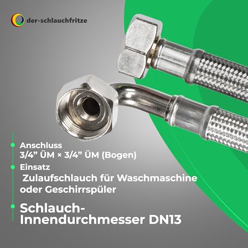 H2O-Flex® Zulaufschlauch 2,5m für die Waschmaschine oder Spülmaschine knickfester DN13 Panzerschlauch mit 3/4 Anschlüssen (ÜM x ÜM Bogen) und Edelstahl - Geflecht Aquastop Verlängerung