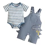 Eqenkely Ropa de Bebé Recién Nacidos Manga Corta a Rayas Mono Top+ Pantalones Cortos con Tirantes y Dinosaurio 2 Piezas Verano Conjuntos Azul 0-3 Meses