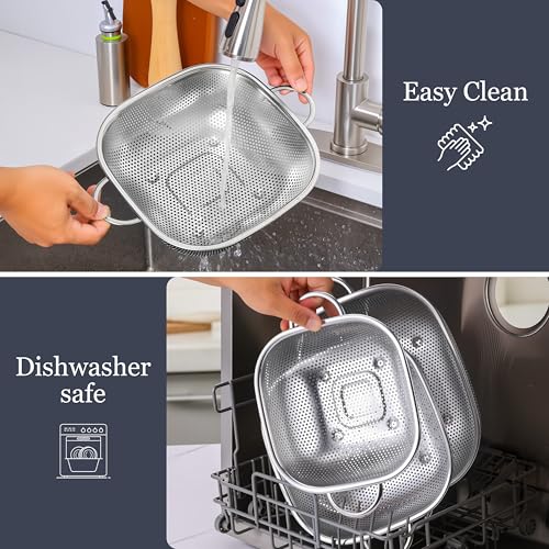 E-far 3 Pack Colander for Kitchen, Square Stainless Steel Metal Strainer Colander with Handle for Draining Food Pasta Vegetable, Micro-Perforated & Elevated Feet, Dishwasher Safe(2.4/4/6QT) - Thumbnail 6