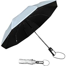 TradMall Travel Umbrella Windproof 46 Inches Canopy, Silver/Black | 10 Reinforced Fiberglass Ribs Ergonomic Handle Auto Open & Close