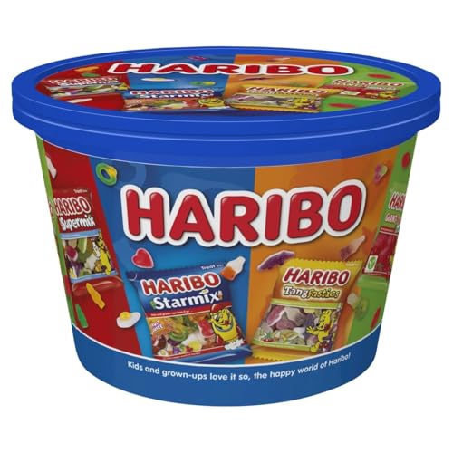 Haribo Sweets Sharing Tub Assorted Gummy Candies with Starmix Tangfastics Giant Strawbs Gone Mini Supermix 24 Treat Bags 600g