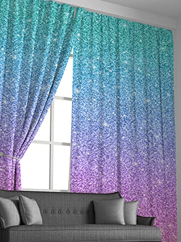 Feelyou Teal Pink Glitter Curtains For Girls Bedroom Rod Pocket Kids Sparkle Mermaid Curtains Girly Turquoise Pastel Window Treatment Drapes 42W X 63L Inches 2 Panels (No Glitter) #TOP4