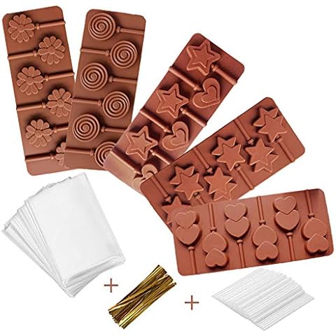 5 Pack Lollipop Silicone Candy Mold Silicon chocolate Lollipop Moulds with Shape of Double Heart, Star, Small Flower, Round, Including 30 Lollipop Sticks and 50 Pcs Candy Treat Bags Cover