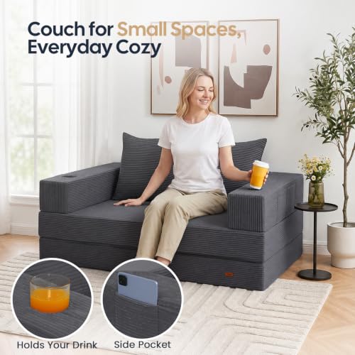 Image of COMAX Futon Sofa Bed, Convertible Sofa Bed, Folding Boneless Couches | Boneless Couch for living room, 4‑in‑1 Fold Out Small Foldable Loveseat Floor Sleeper Mattress Lounge Space‑Saving, Grey