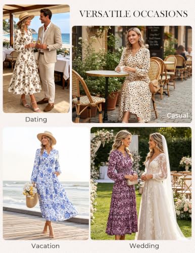 Image of GRACE KARIN Women's Floral Maxi Dress 2026 Fall Long Sleeve V Neck Empire Waist A Line Flowy Dress with Pocket